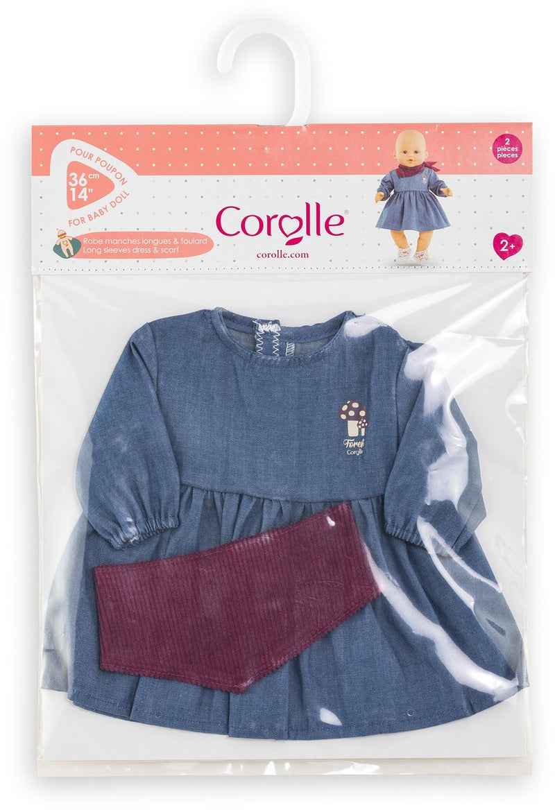 Afbeelding laden in galerijviewer, Corolle poppen jeansjurk met sjaal - babypop kleding 36cm denim.
