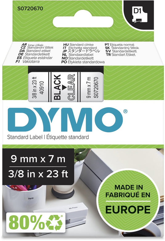 Tapes dymo d1 polyester 9mmx7m zwart-tranpsarant glanzend