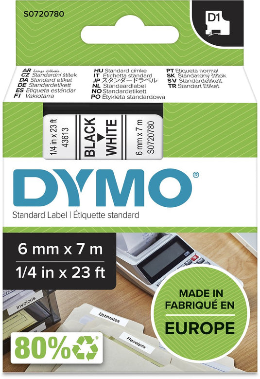 Dymo tapes 43613 polyester zwart-wit 6mmx7m glanzend