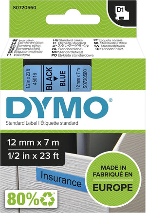 Dymo originele d1 labels | zwarte tekst op blauw label | 12 mm x 7 m | zelfklevende etiketten voor de labelmanager labelprinter | gemaakt in europa