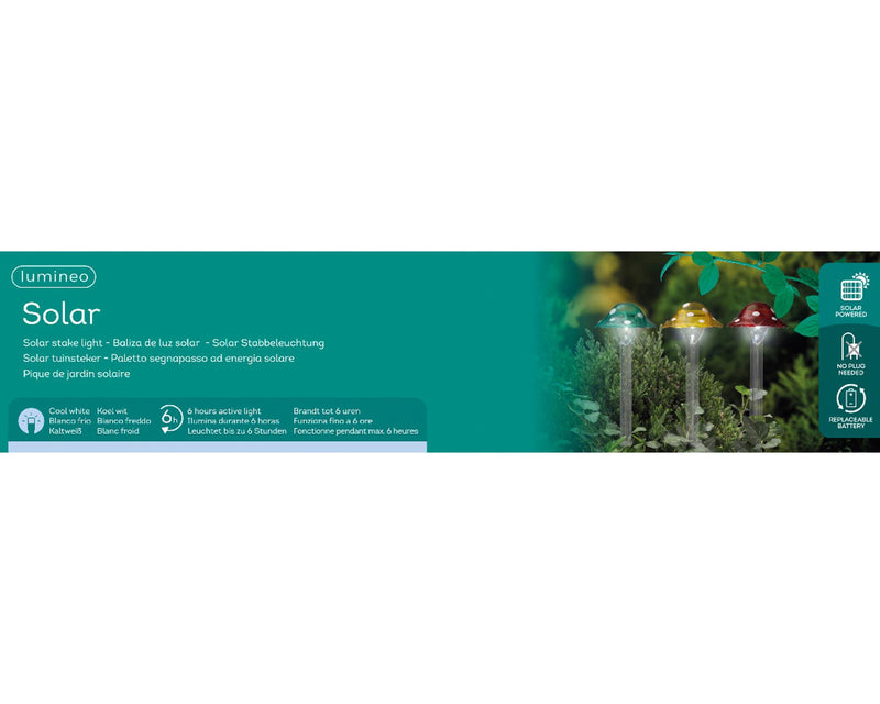Afbeelding laden in galerijviewer, Lumineo solar lamp paddestoel op spies kunststof ø8.7x33.5cm multi kleuren
