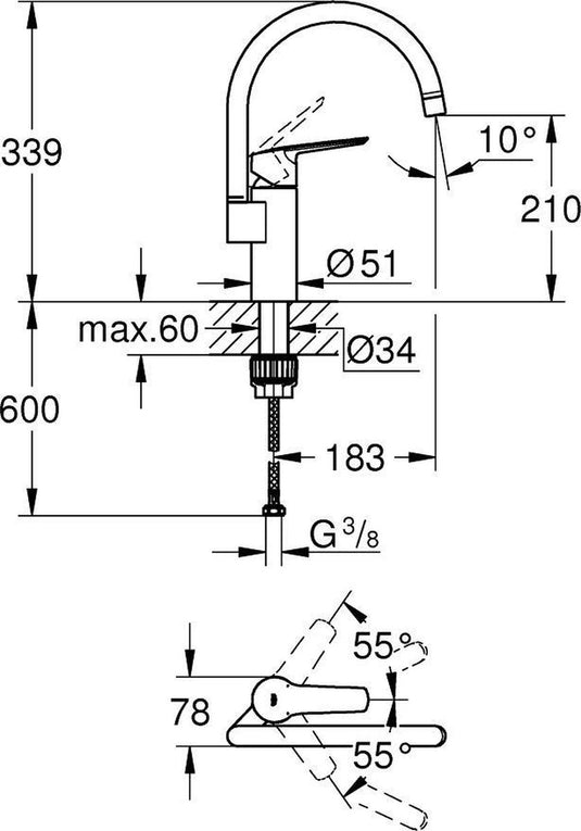 Grohe start keukenkraan - hoge uitloop - 150° draaibereik - chroom