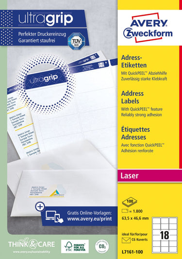 Avery gerecycleerde etiketten voor laserprinters quickpeel lr7161-100 63,5x46,6mm