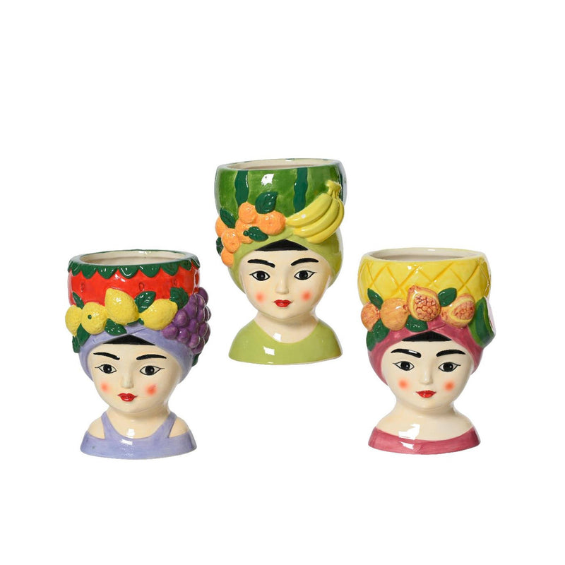 Afbeelding laden in galerijviewer, Decoris bloempot vrouw met fruit dolomiet 8,5x8,5x13,5cm 3 assorti
