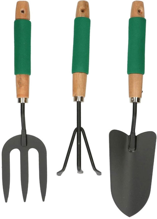 Kinzo tuingereedschap set 3-delig - set met handhark, vork en schep - comfort grip en antiaanbaklaag - tuinaccessoires voor bloempotten en borders