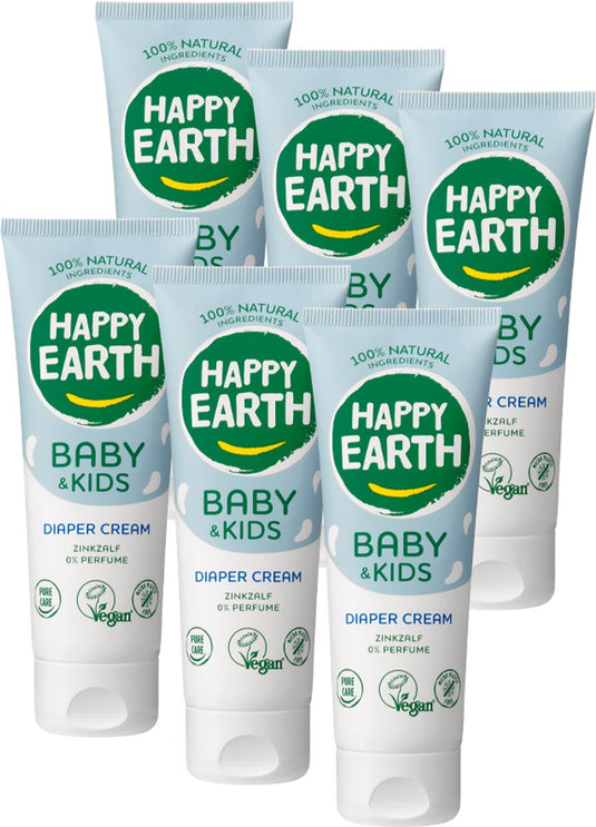 Happy earth bundel zink billencrème baby kids - 100% natuurlijke ingrediënten - microplasticvrij - babyverzorging – parfumvrij - met zinkoxide – luierzalf – geschikt voor pasgeborenen – 6 x 75ml - voordeelverpakking