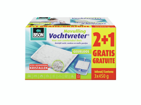 Bison vochtvreter® navulzak neutraal 3x 450 g schikt voor vochtvreter®, bestrijd hoge luchtvochtigheid, geen batterij nodig, ook geschikt voor caravans en campers