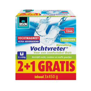 Bison vochtvreter® magneet 450g 2+1 gratis - parfumvrije navulling voor vochtvreter® apparaat, 3x 450 g, bestrijd hoge luchtvochtigheid in woonruimtes, ook geschikt voor caravans en campers