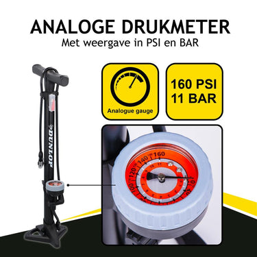 Dunlop staande fietspomp pro uitvoering - analoge drukmeter - dubbele ventielkop - zwart