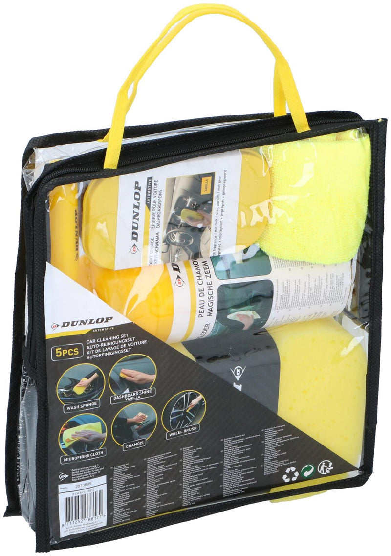 Afbeelding laden in galerijviewer, Dunlop auto reinigingsset 5-delig. schoomaakspons, dashbord shine vanilla, microfiberdoek, chamois en wielborstel
