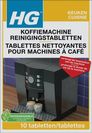 Hg koffiemachine reinigingstabletten 10 stuks in doosje, biologisch afbreekbaar.