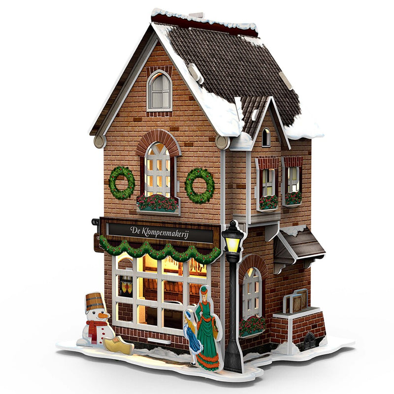 Afbeelding laden in galerijviewer, Cubic fun 3d puzzel hollands huisje winter klompenmakerij + licht 53 stukjes
