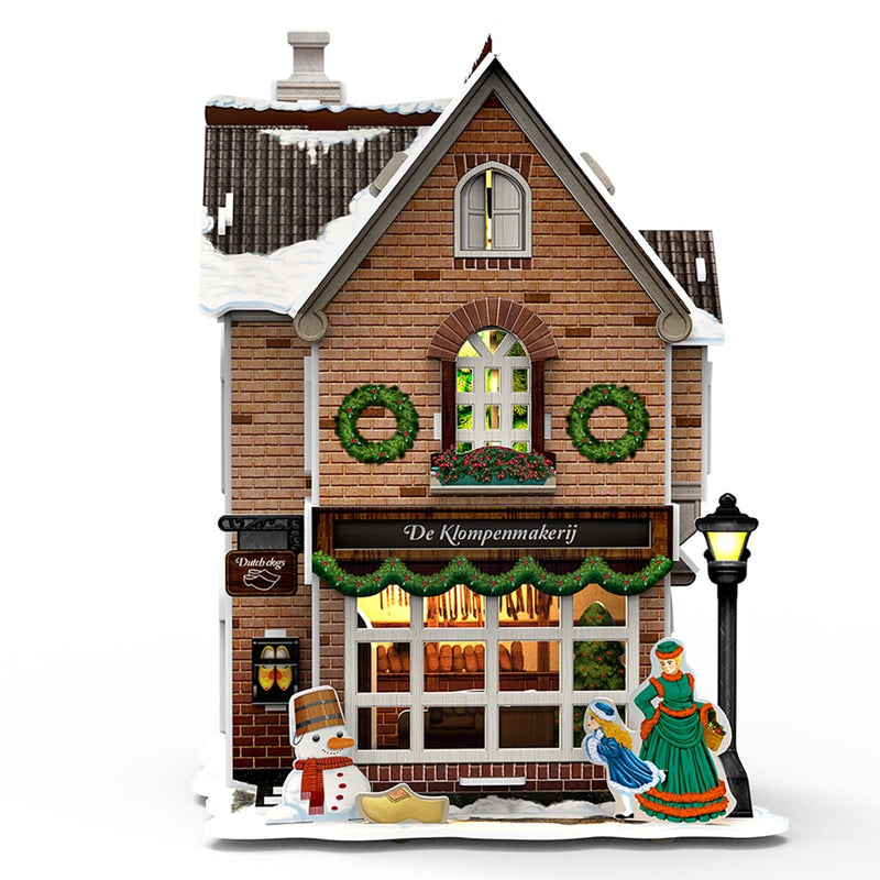 Afbeelding laden in galerijviewer, Cubic fun 3d puzzel hollands huisje winter klompenmakerij + licht 53 stukjes
