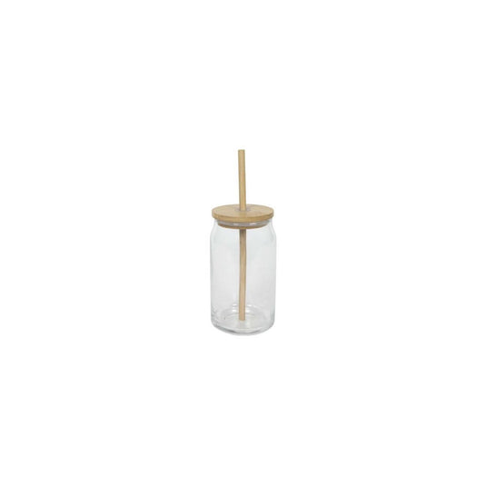 Drinkglas bamboe deksel + rietje 500ml