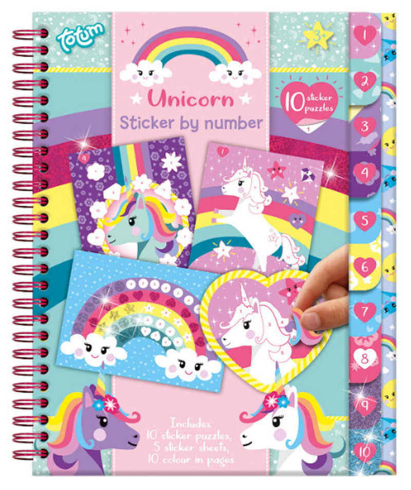 Afbeelding laden in galerijviewer, Totum unicorn stickerpuzzel - doeboek - stickeren op nummer - 10 puzzels, 5 stickervellen en 10 kleurplaten - speelgoed kinderen - knutselen - voor meisjes - ook voor kleuters - vanaf 3 jaar
