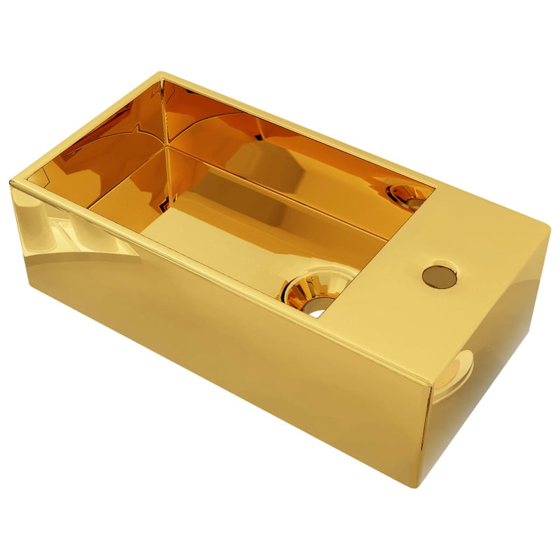 Afbeelding laden in galerijviewer, Vidaxl wastafel met overloop 49x25x15 cm keramiek goudkleurig

