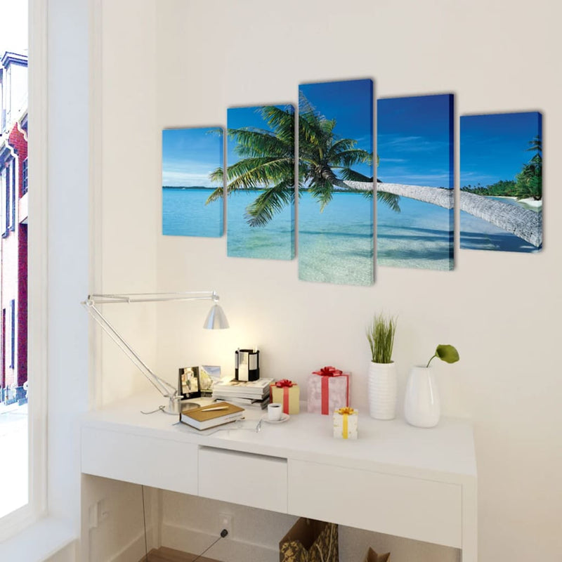 Afbeelding laden in galerijviewer, Vidaxl canvas muurdruk set zandstrand met palmboom 200 x 100 cm
