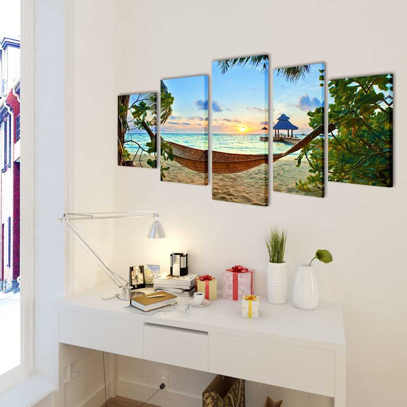 Afbeelding laden in galerijviewer, Vidaxl canvas muurdruk set zandstrand met hangmat 200 x 100 cm
