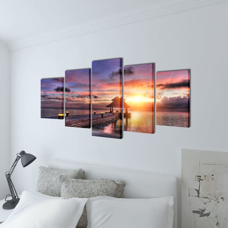 Afbeelding laden in galerijviewer, Vidaxl canvas muurdruk set zandstrand met paviljoen 200 x 100 cm
