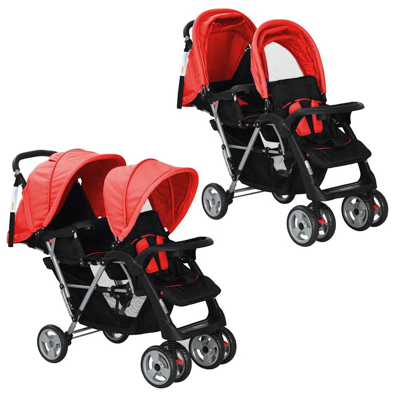 Afbeelding laden in galerijviewer, Vidaxl kinderwagen dubbel staal rood en zwart
