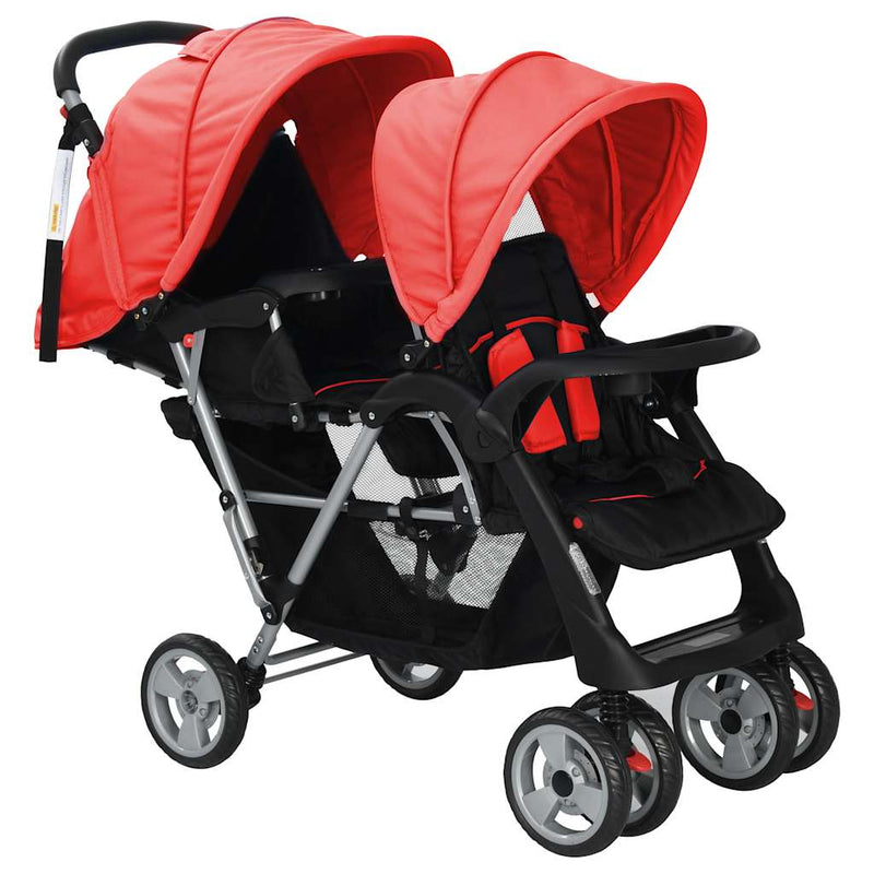 Afbeelding laden in galerijviewer, Vidaxl kinderwagen dubbel staal rood en zwart
