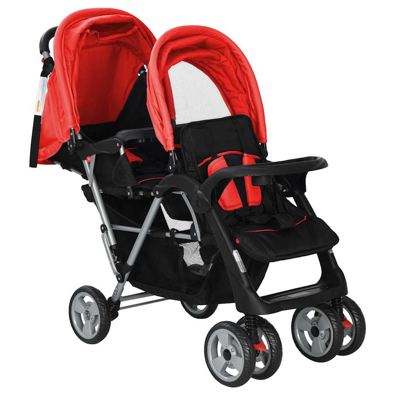Afbeelding laden in galerijviewer, Vidaxl kinderwagen dubbel staal rood en zwart
