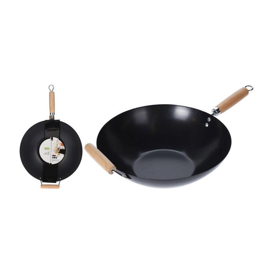 Excellent houseware wok carbon staal ø35cm met houten handgrepen