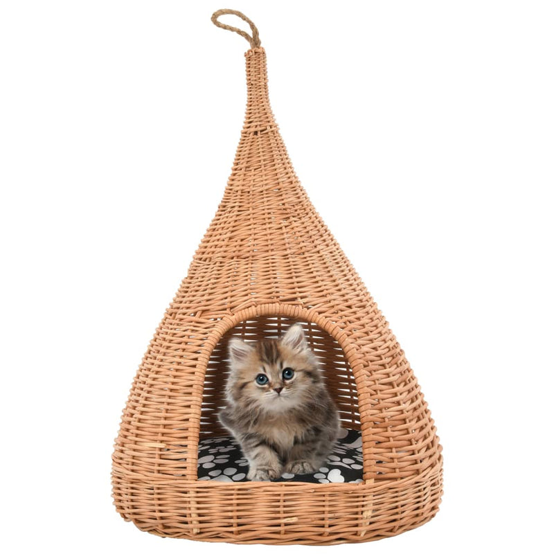 Afbeelding laden in galerijviewer, Vidaxl kattenhuis met kussen tipi 40x60 cm natuurlijk wilgen
