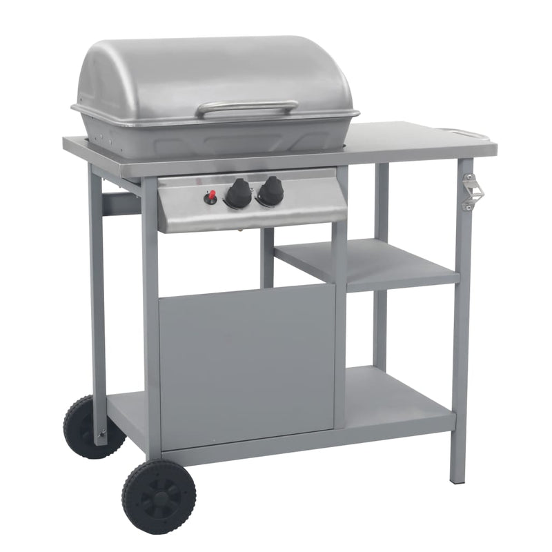 Afbeelding laden in galerijviewer, Vidaxl gasbarbecue met 3-laags zijtafel zwart en zilverkleurig
