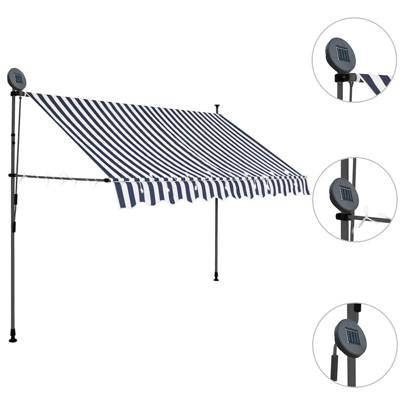Afbeelding laden in galerijviewer, Vidaxl luifel handmatig uitschuifbaar met led 300 cm blauw en wit
