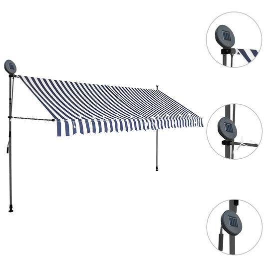 Vidaxl luifel handmatig uitschuifbaar met led 350 cm blauw en wit