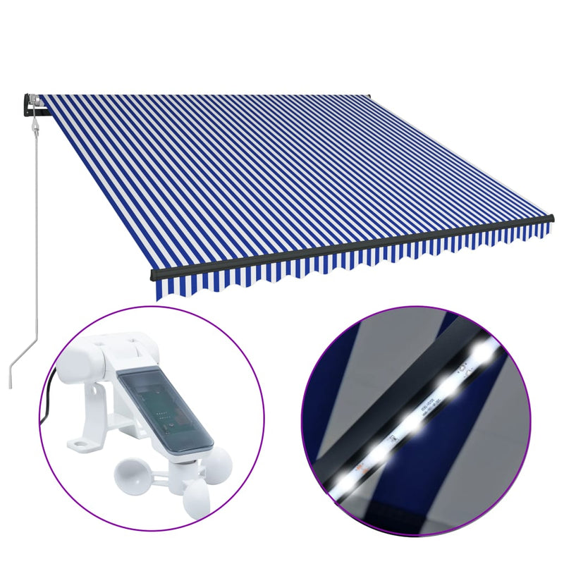 Afbeelding laden in galerijviewer, VidaXL Luifel met windsensor en LED 350x250 cm blauw en wit
