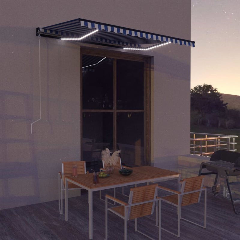 Afbeelding laden in galerijviewer, VidaXL Luifel met windsensor en LED 350x250 cm blauw en wit
