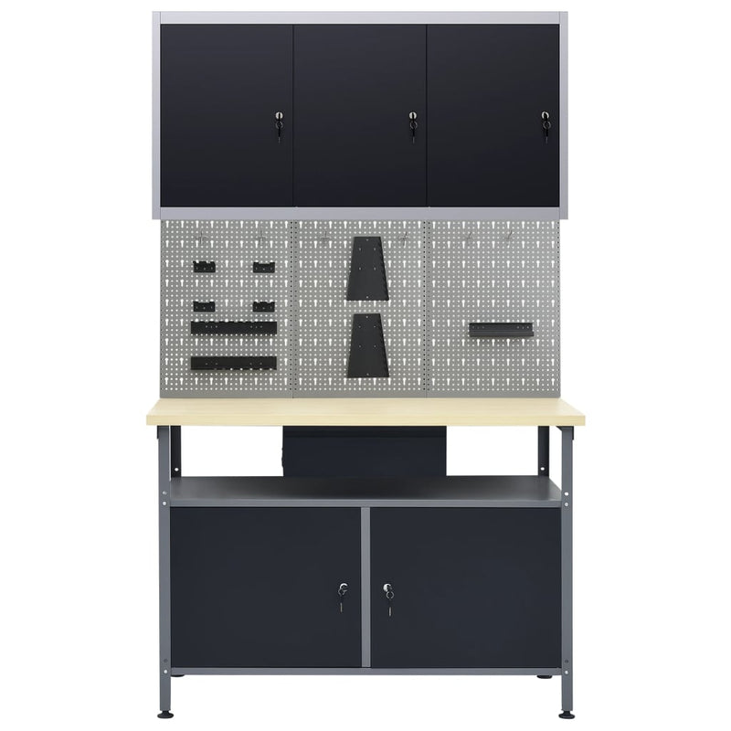 Afbeelding laden in galerijviewer, VidaXL Werkbank met drie wandpanelen en een kast
