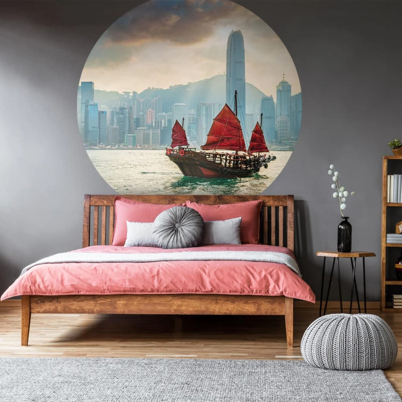 Afbeelding laden in galerijviewer, WallArt WallArt Behangcirkel Skyline with Junk Boat 190 cm
