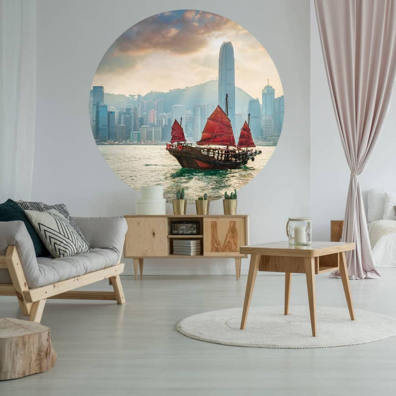 Afbeelding laden in galerijviewer, WallArt WallArt Behangcirkel Skyline with Junk Boat 142,5 cm
