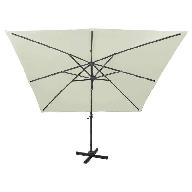 Afbeelding laden in galerijviewer, Vidaxl zweefparasol met paal en led-verlichting 300 cm zandkleurig
