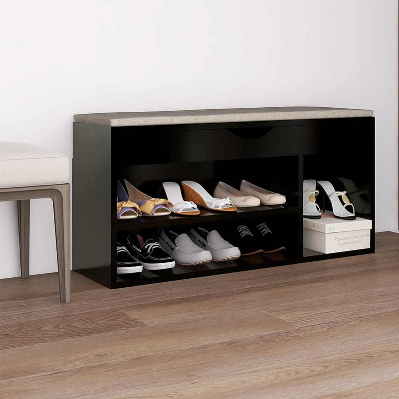 Afbeelding laden in galerijviewer, Vidaxl schoenenbank met kussen 104x30x49 cm bewerkt hout zwart
