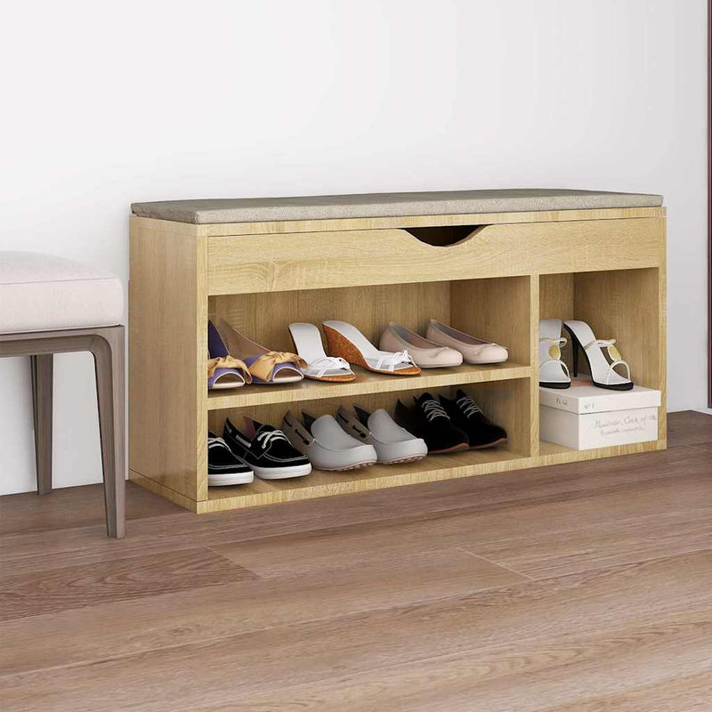 Afbeelding laden in galerijviewer, Vidaxl schoenenbank met kussen 104x30x49 cm bewerkt hout sonoma eiken
