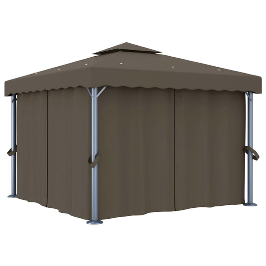 VidaXL Prieel met gordijn en LED-lichtslinger 3x3 m taupe
