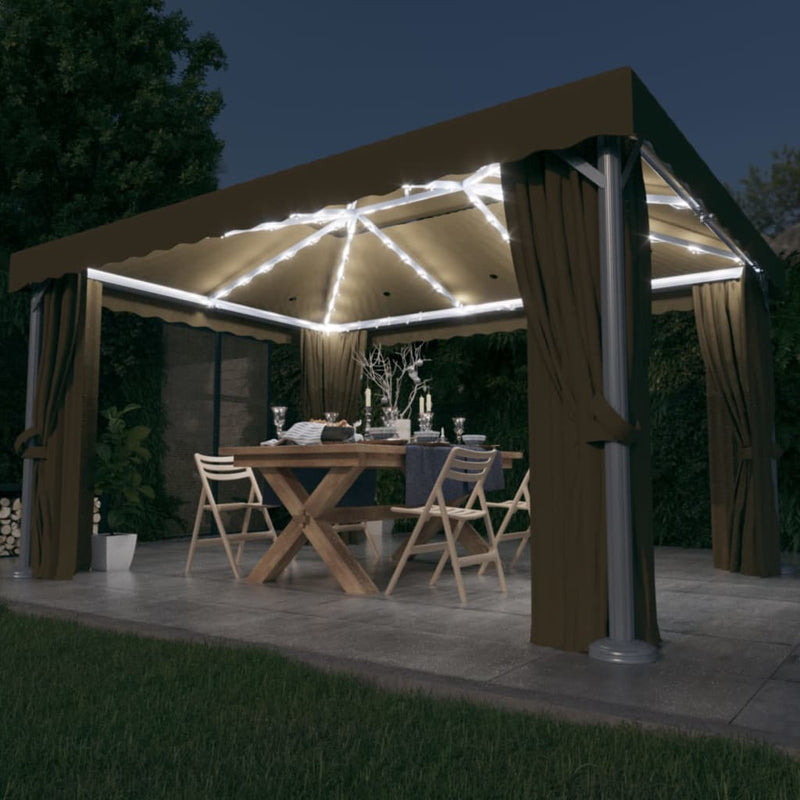 Afbeelding laden in galerijviewer, VidaXL Prieel met gordijn en LED-lichtslinger 4x3 m taupe
