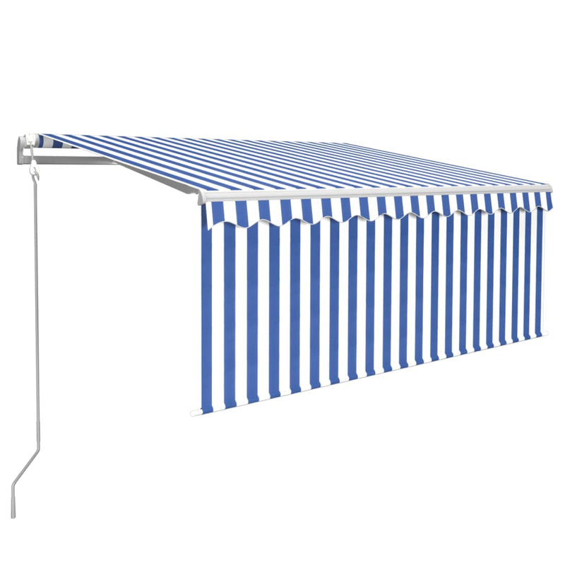 Afbeelding laden in galerijviewer, VidaXL Luifel met rolgordijn, LED en windsensor 3,5x2,5 m blauw en wit
