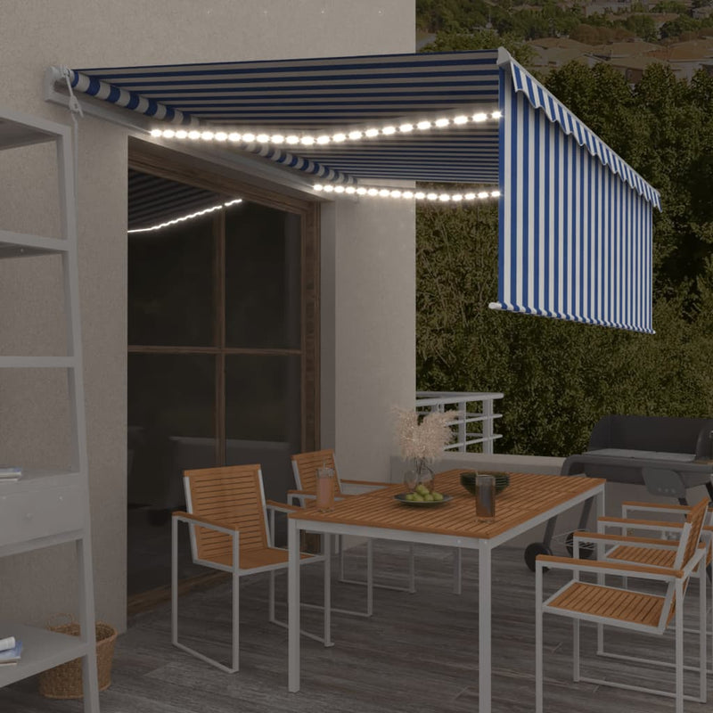 Afbeelding laden in galerijviewer, VidaXL Luifel met rolgordijn, LED en windsensor 4,5x3 m blauw en wit
