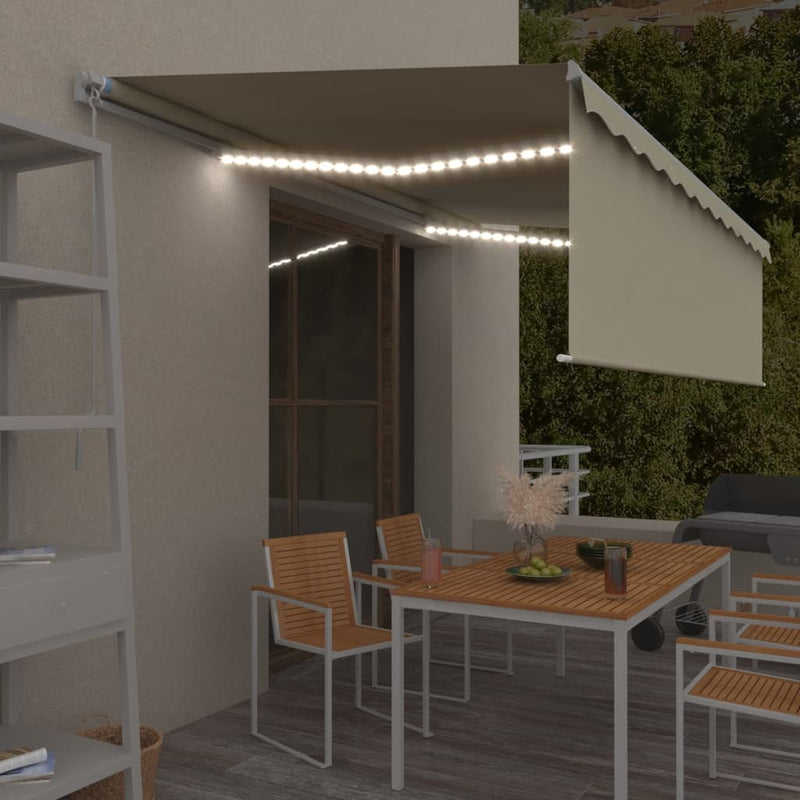 Afbeelding laden in galerijviewer, VidaXL Luifel handmatig uittrekbaar met rolgordijn en LED 5x3 m crème

