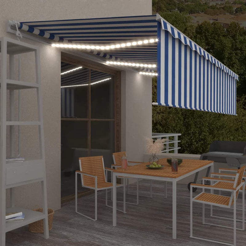 Afbeelding laden in galerijviewer, VidaXL Luifel automatisch rolgordijn LED windsensor 6x3 cm blauw wit
