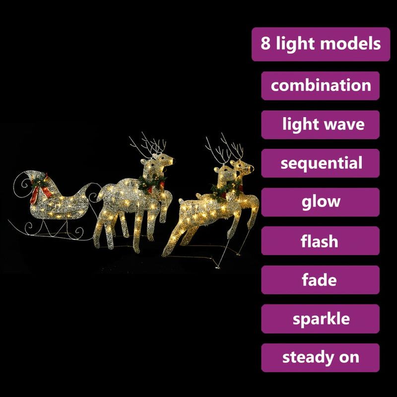 Afbeelding laden in galerijviewer, VidaXL Buitenkerstversiering rendieren en slee 100 LED's goudkleurig
