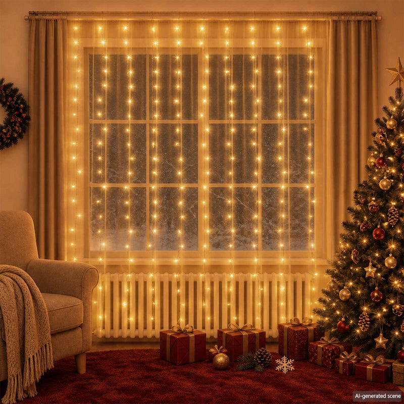 Afbeelding laden in galerijviewer, Vidaxl lichtsnoergordijn met 300 led's en 8 functies 3x3 m warmwit
