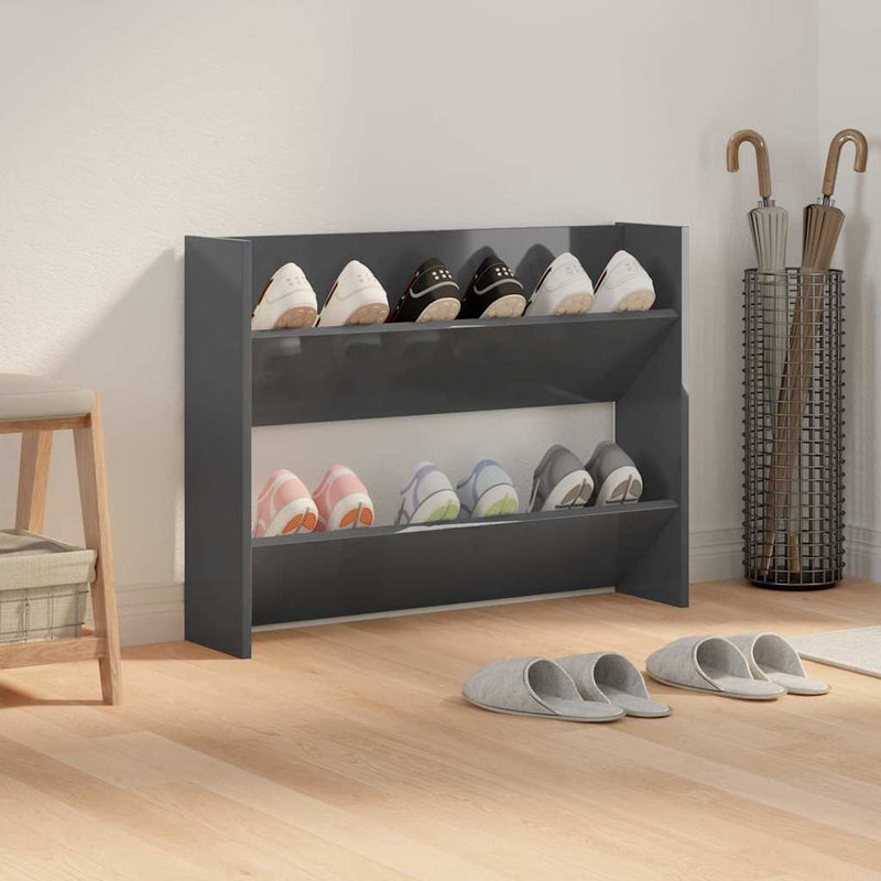 Afbeelding laden in galerijviewer, Vidaxl wandschoenenkast 80x18x60 cm bewerkt hout hoogglans grijs
