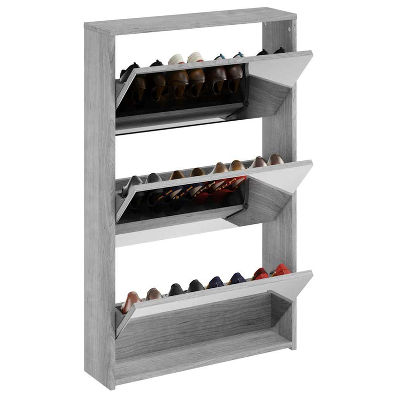 Afbeelding laden in galerijviewer, Vidaxl schoenenkast met spiegel 3-laags 63x17x102,5 cm grijs sonoma
