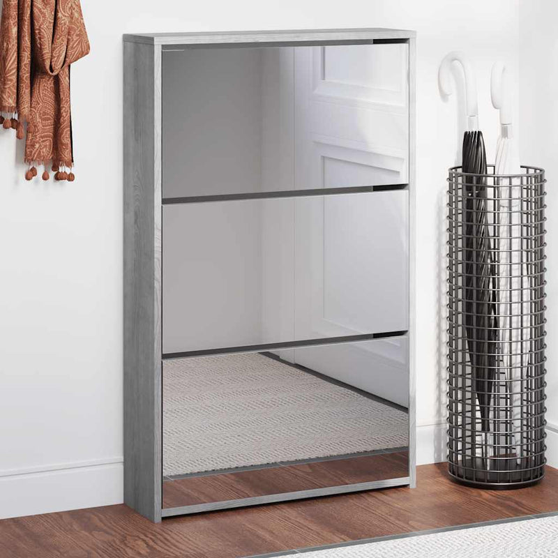 Afbeelding laden in galerijviewer, Vidaxl schoenenkast met spiegel 3-laags 63x17x102,5 cm grijs sonoma
